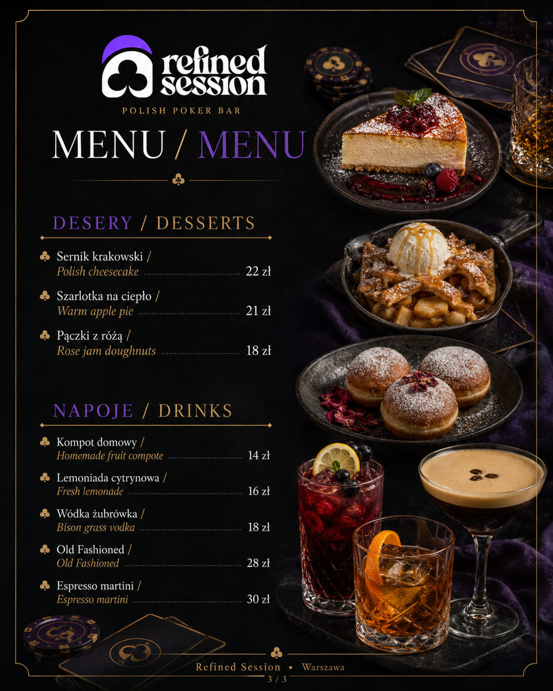 Desery i napoje z menu Refined Session — szarlotka, koktajle, espresso martini
