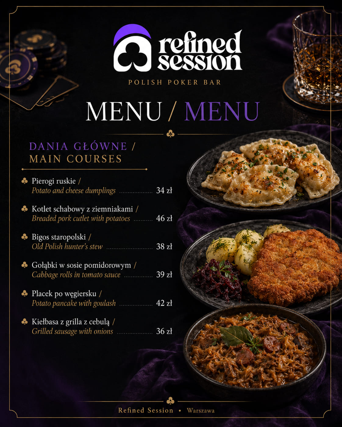 Dania główne z menu Refined Session — pierogi, bigos, kotlet schabowy